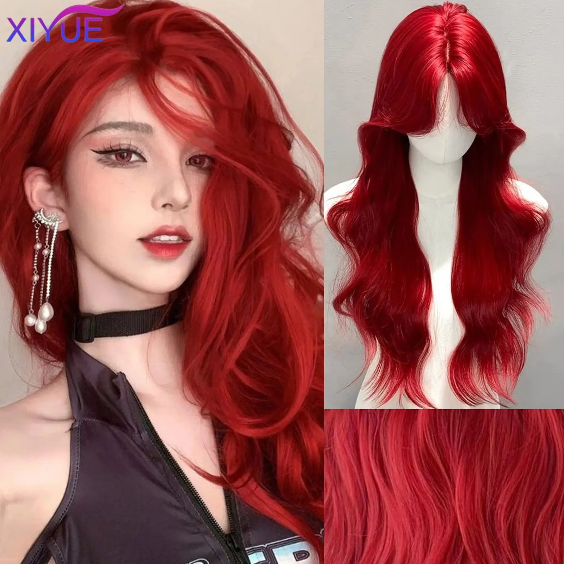 xyレッド合成ウィッグ-女性用-ロングカーリーウェーブのかかったキュートなウィッグ-ミドルパートヘアウィッグ-ハロウィンコスプレ-デイリーパーティーウィッグ-26インチ