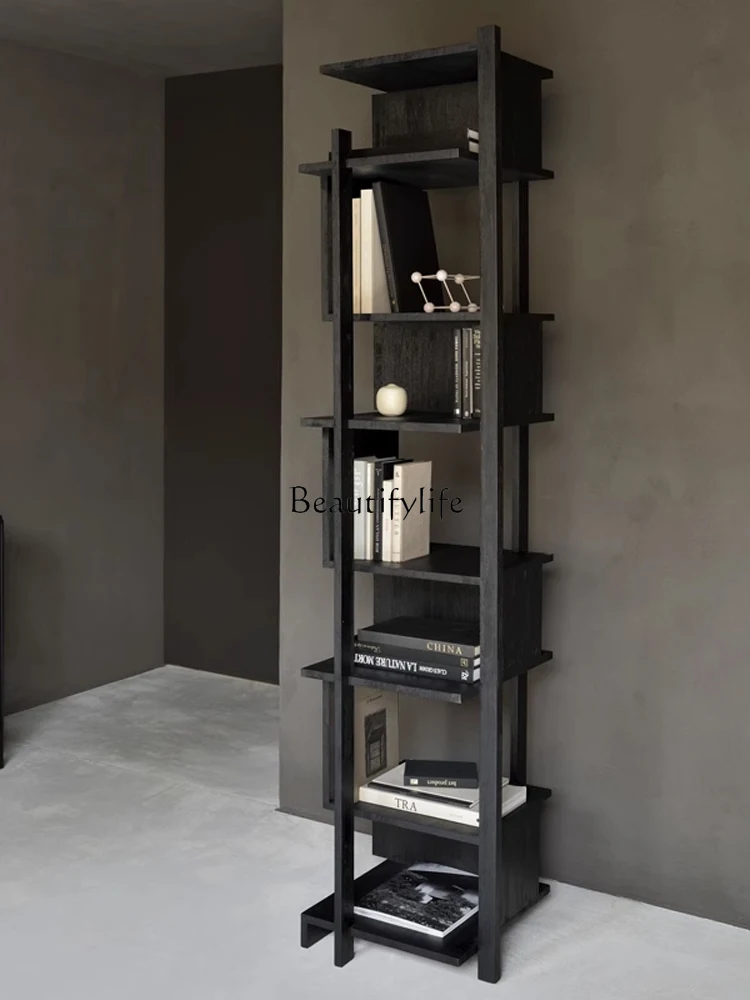 Vertical Bookshelf Solid Wood Display Black Oak Leather High Column Shelf