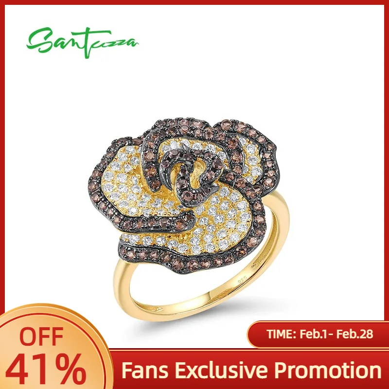

SANTUZZA Аутентичное кольцо из стерлингового серебра 925 пробы для женщин, сверкающий белый CZ, милый коричневый цветок, свадебный подарок на помолвку, ювелирные изделия