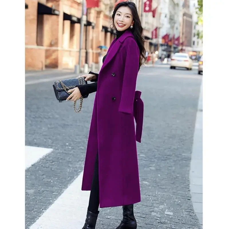 2024 Female New Korean Version Thickened Knee Length Woolen Coat, Women's Extra Long Waist, Winter Mid length Slim Woolen Coat