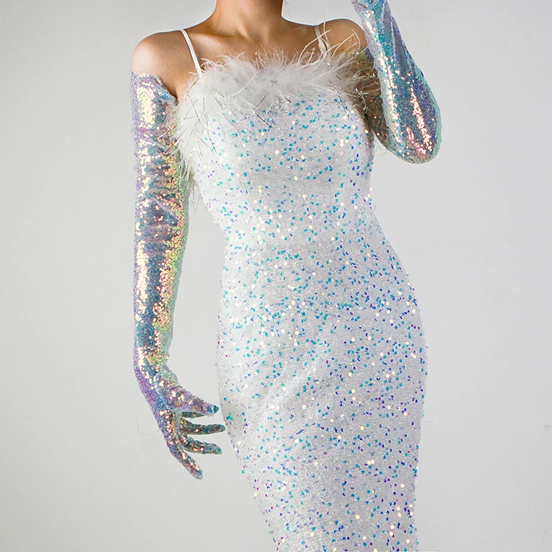 

Sequined Sleeve Cover 70cm Embroidered Lace Mesh Transparent Specialty Dress Pink