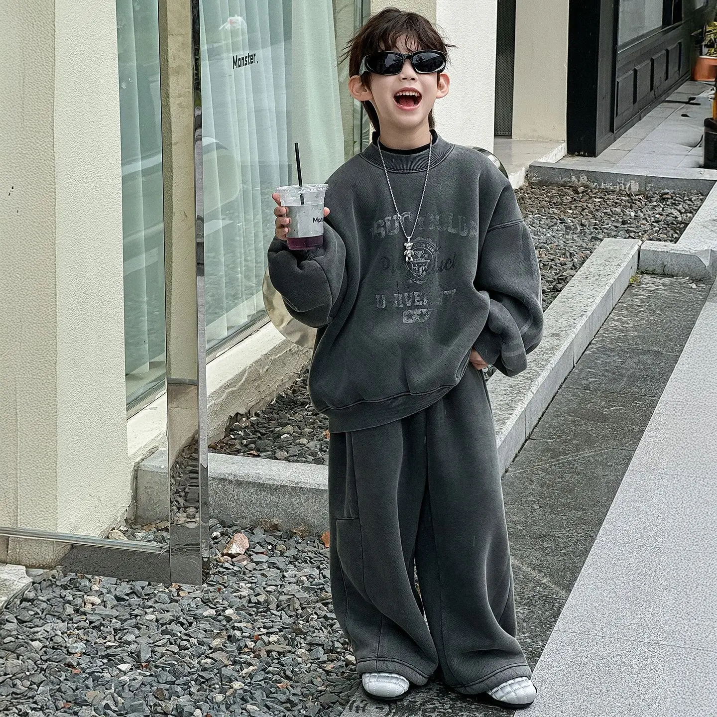 ملابس الأطفال الاطفال الكورية نمط مجموعة عادية 2025 الخريف الشتاء جديد بنين ريترو الصوف الدافئة فضفاضة مريحة قطعتين مجموعة