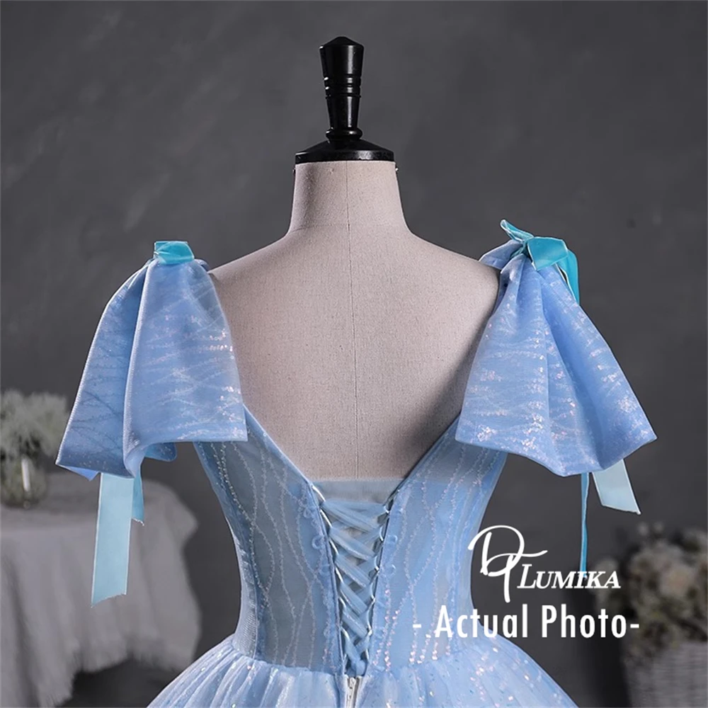 DTLumika Lovely Bow Shoulder Beaded Quinceanera Dresses for Women Ball Gown V Neck Sweet 15 Dresses Blue Corset Prom Party Gowns