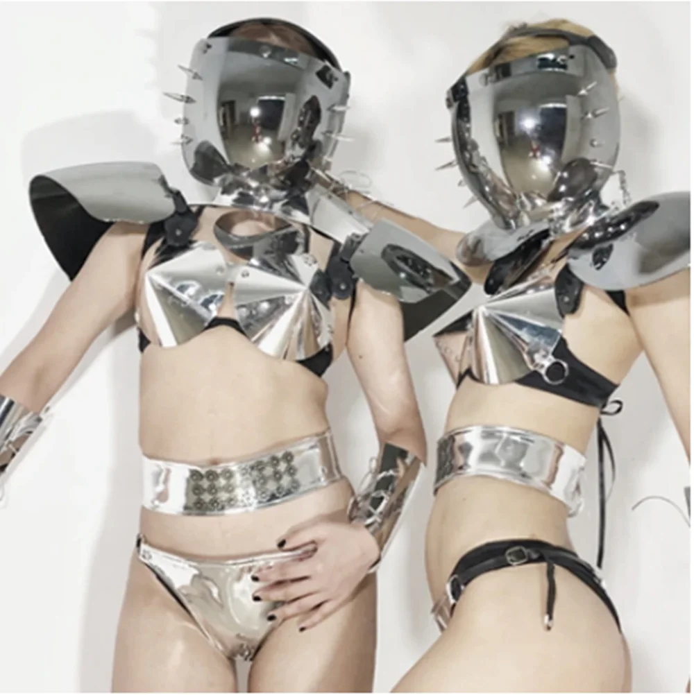 2025 tecnología Sense club nocturno bailarina traje de escenario Punk remache máscara Sexy Bikini plateado traje Rave adulto ropa de baile en barra y80