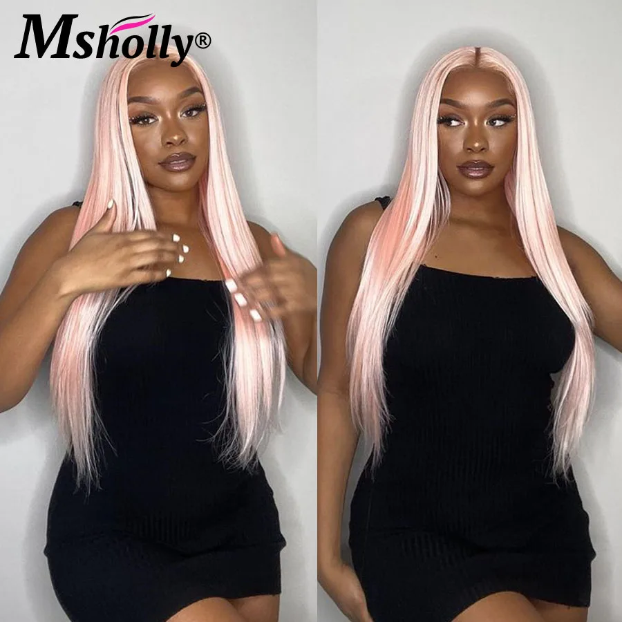 Wig lurus merah muda rambut manusia prepped berwarna ketebalan 180 wig rambut manusia Remy alami 13x6 wig Penjualan depan renda untuk wanita