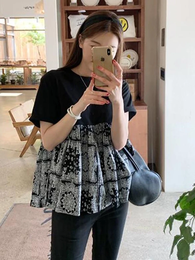 

plus Size Women's T-shirt Summer Loose Flounce Hem Short Sleeve round Neck Korean Style A-Line Doll Shirt for Body Type