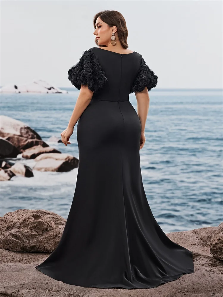 Plus Size Elegant Short Sleeves Satin Patchwork Formal Evening Dresses Luxury Slit Mermaid Party Maxi Cocktail Gowns