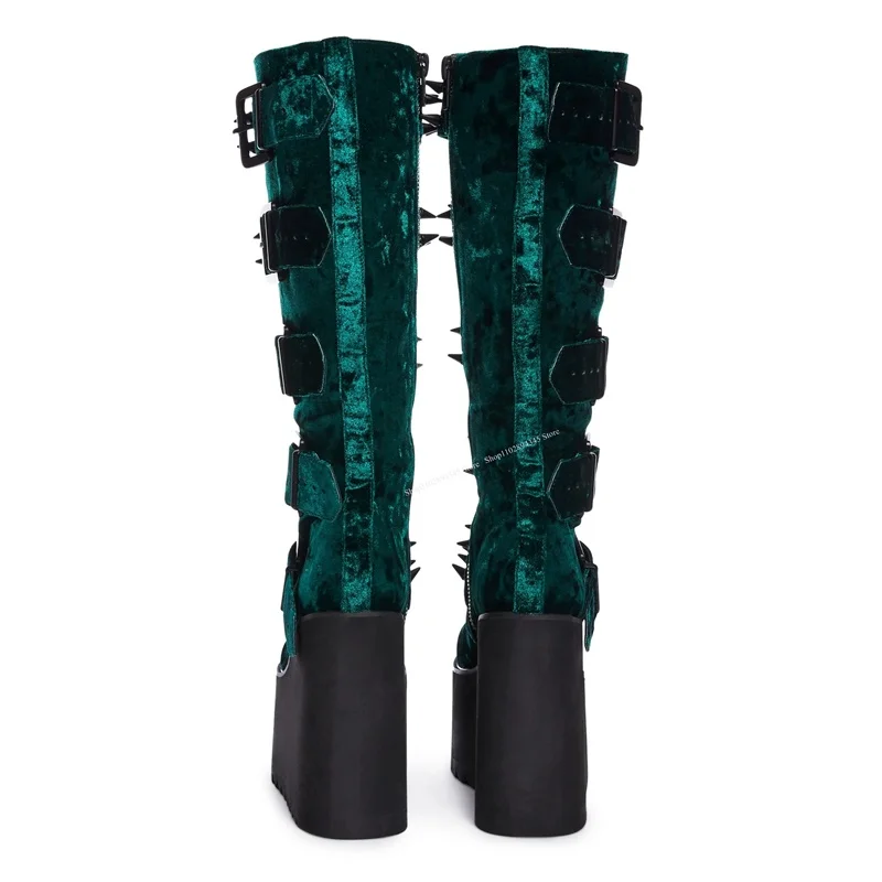 Green Wedge Platform Rivet Knee High Boots Buckle Fashionable Sexy 2023 Summer Casual Big Size Woman Shoes Zapatillas Mujer