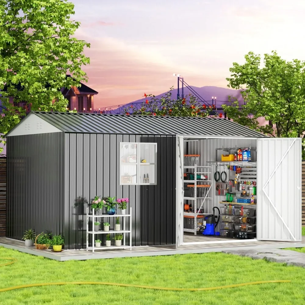 Outdoor Storage Shed, Garden Shed with Window, Lockable Doors and Air Vent, Metal Tool Sheds for Backyard Garden Patio Lawn