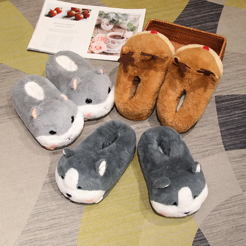 2023 Cute Cartoon Shoes Women Men Winter Home Slippers Warm Plush Soft Sole Funny Pig Dog Hamster Girls Boys Indoor Footwear