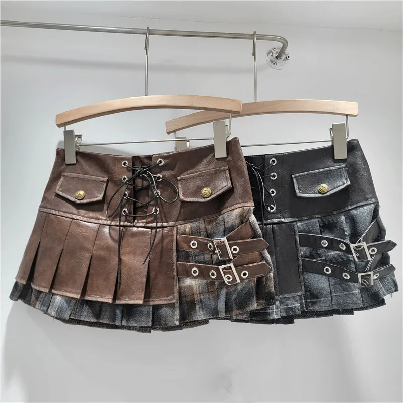 

Short Skirts Women Two Fakes Skirt A Line Slim Fit Pu Zipper Sexy Elegant Splice Y2k Streetwear Plaid Work 2026 Autumn Winter