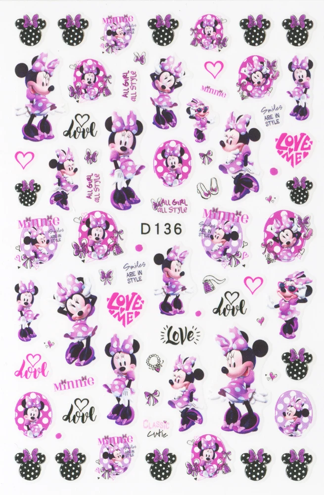 1PCS Winnie the Pooh Disney Mickey Nail Art Sticker Pink Ocelot Cat  Minnie Nail Decoration Decal Lips Love Nail Art Slider