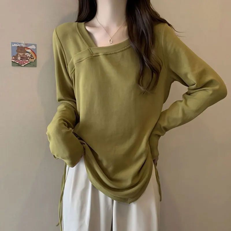 

Stylish Skew Collar Loose Pullovers Women's Clothing Shirring Drawstring Spring Autumn Solid Color Casual Long Sleeve T-shirt