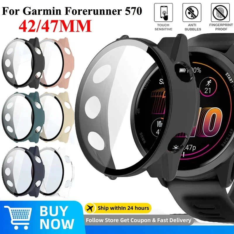 Gehärtetes Glas + Displayschutzfolie für Garmin Forerunner 570 47 mm, kratzfestes PC-HD-Gehäuse für Garmin Forerunner 570 42 mm 47 mm