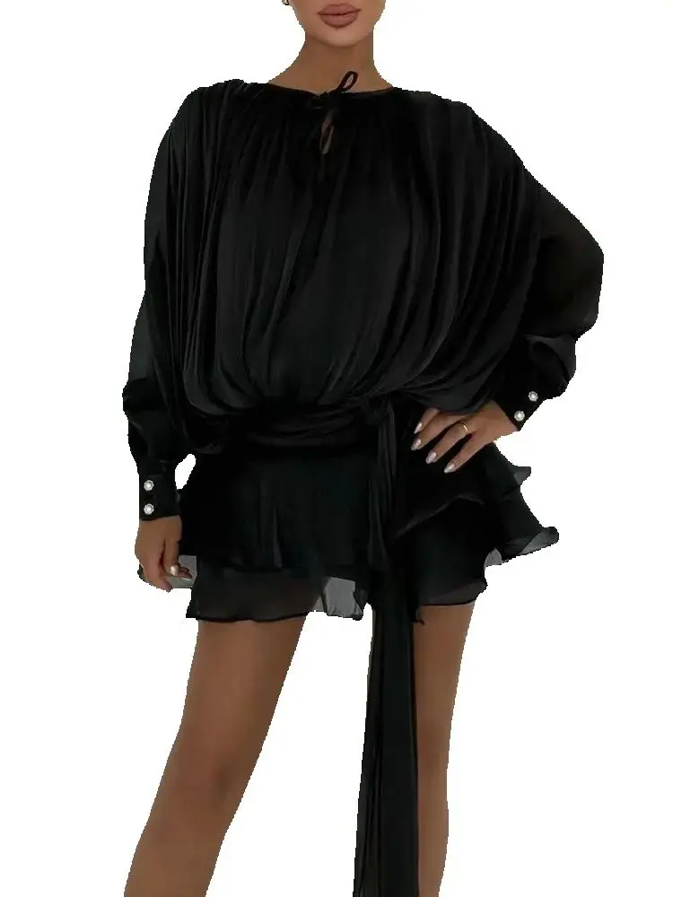 

2025 Women's Sweet Loose Solid Black Shiny Yarn Ruffles Lace-up Mini Dresses Lady Elegant Party Shorts Pants 2 Pcs Sets Outfits