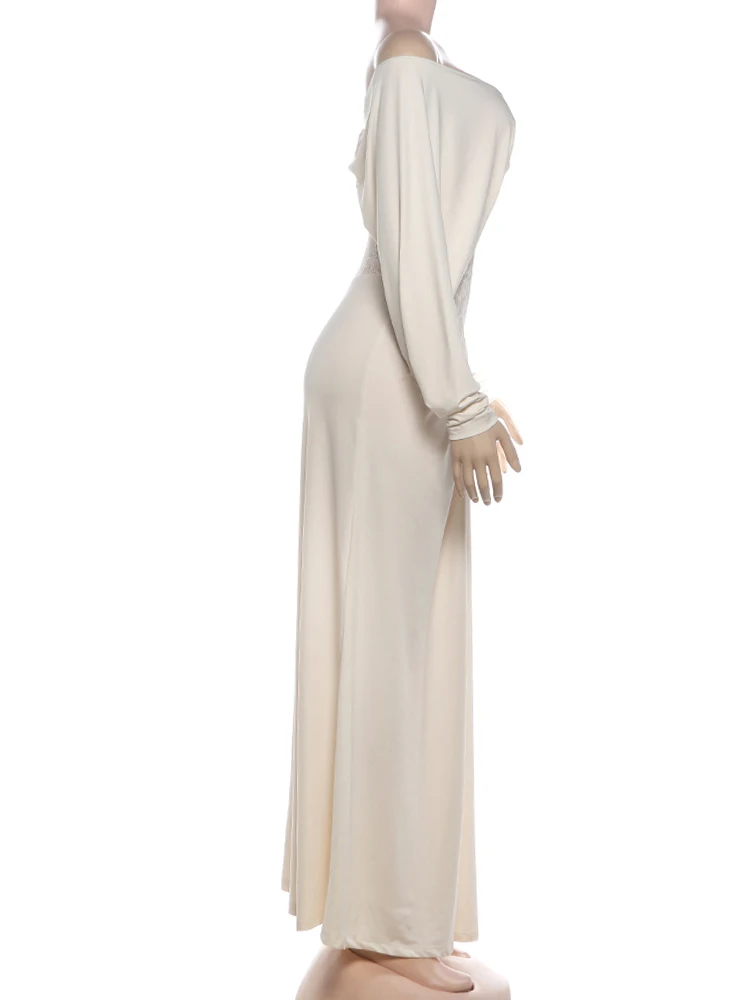 Weird Puss Elegantes Spitzen-Patchwork-Kleid für Damen, modisch, schlicht, gerafft, mit tiefem Ausschnitt, Fledermausärmeln, trendig, für Abendpartys, Clubs, figurbetont – Detail 5