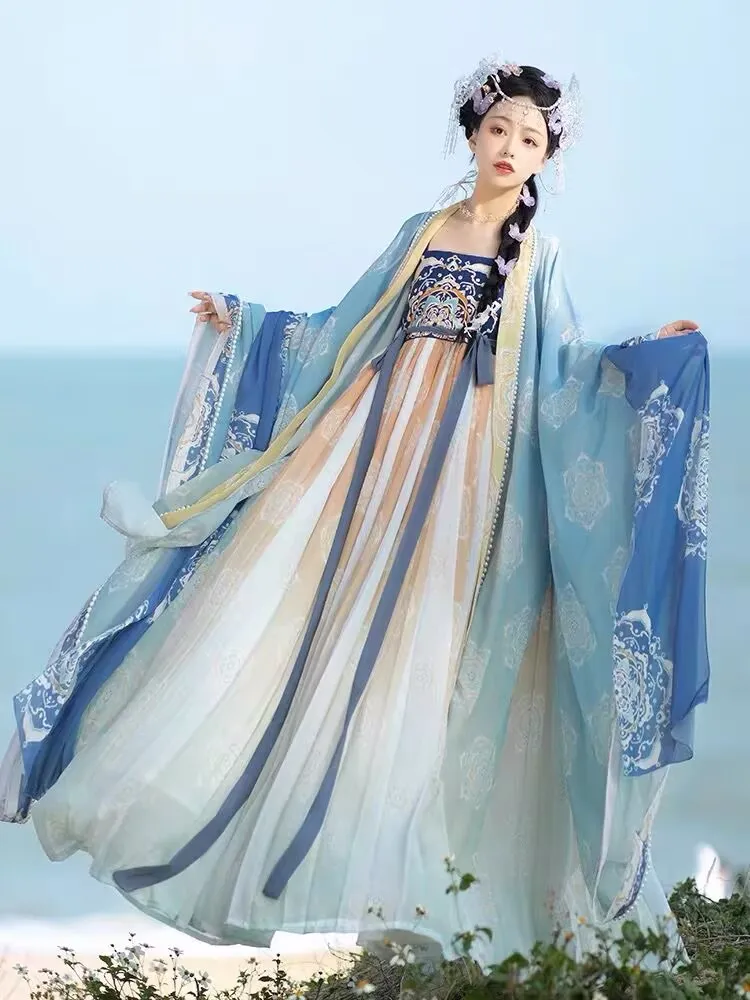 

Chinese Hanfu Dress Women Halloween Carnival Cosplay Costume Tang Dynasty Embroidery Gradient Pink Blue Green Hanfu Dress