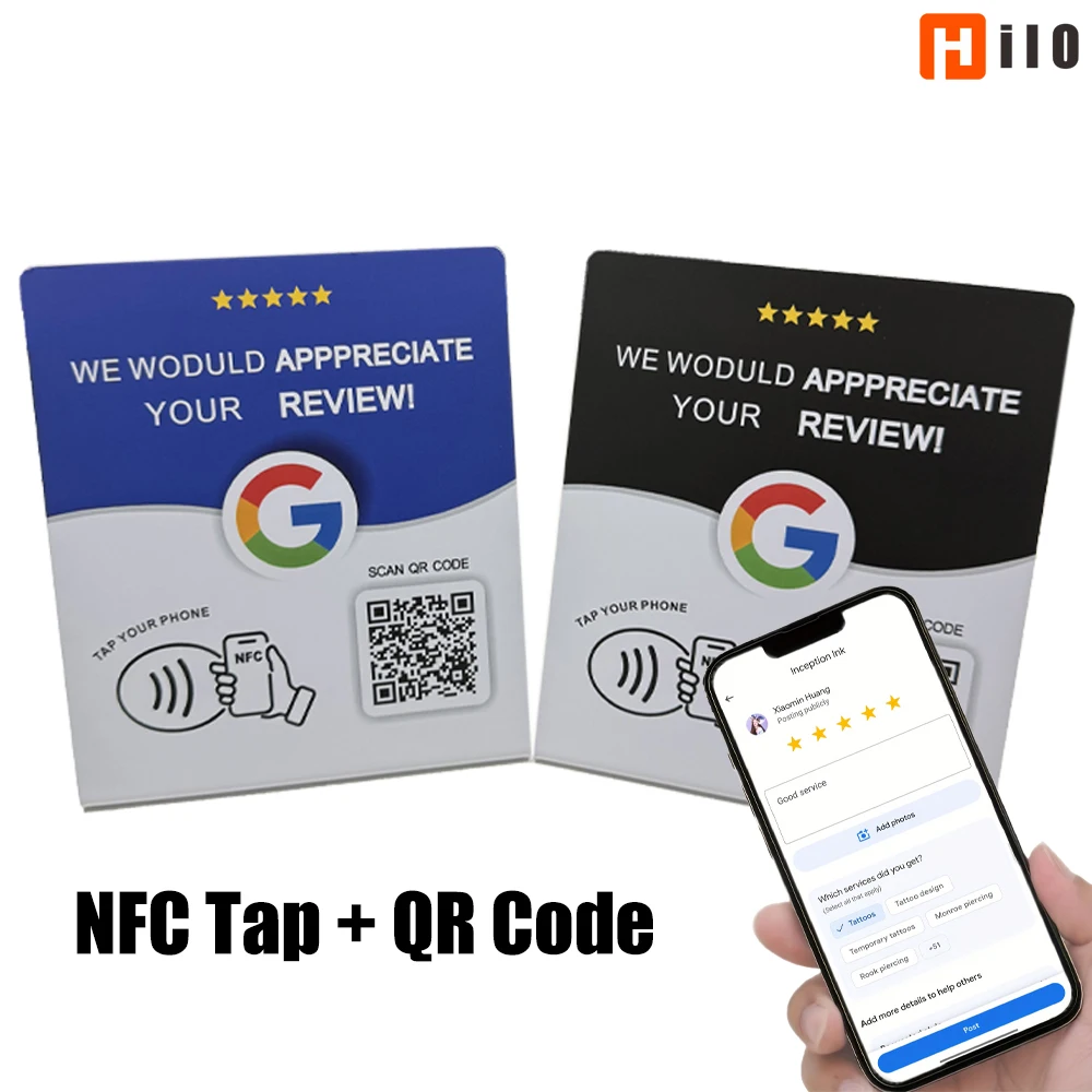 Hilo Programmable NFC215 Google Review Card NFC Station Table 13.56Mhz QR code can be independently set to link Standing Card