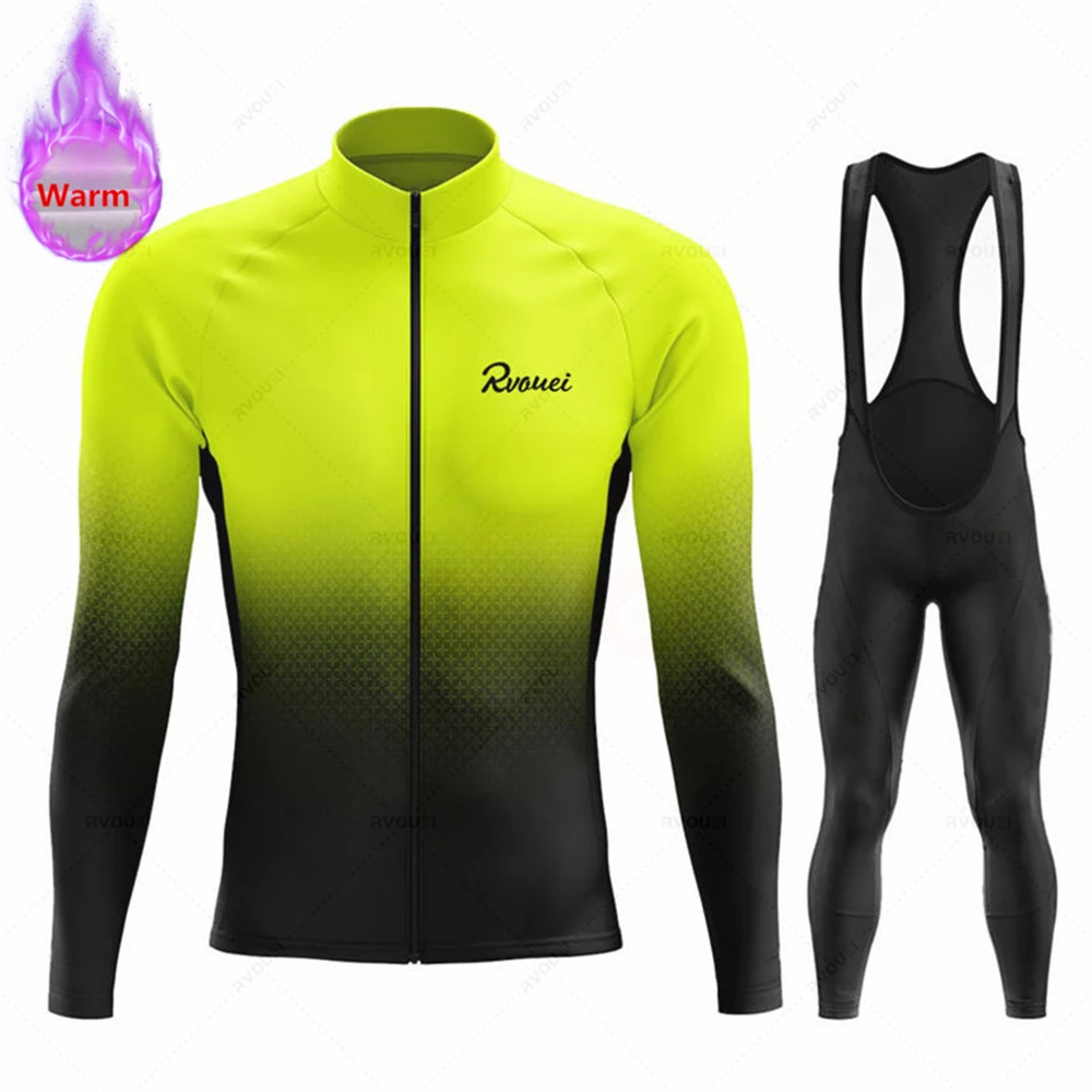 Rvouei Winter Cycling Jersey Set Men Thermal Fleece Bicycle Clothing MTB Bike Bib Pant Ropa Ciclismo Triathlon Maillot Ciclismo