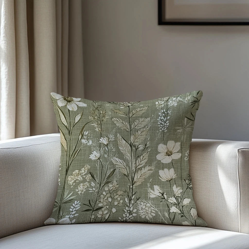 1pc Sage Green Wildflower Pillow Cover, Polyester 2D Double-Sided Print, Soft Throw Pillow Case, Farmhouse Decor, Perfect Gift f