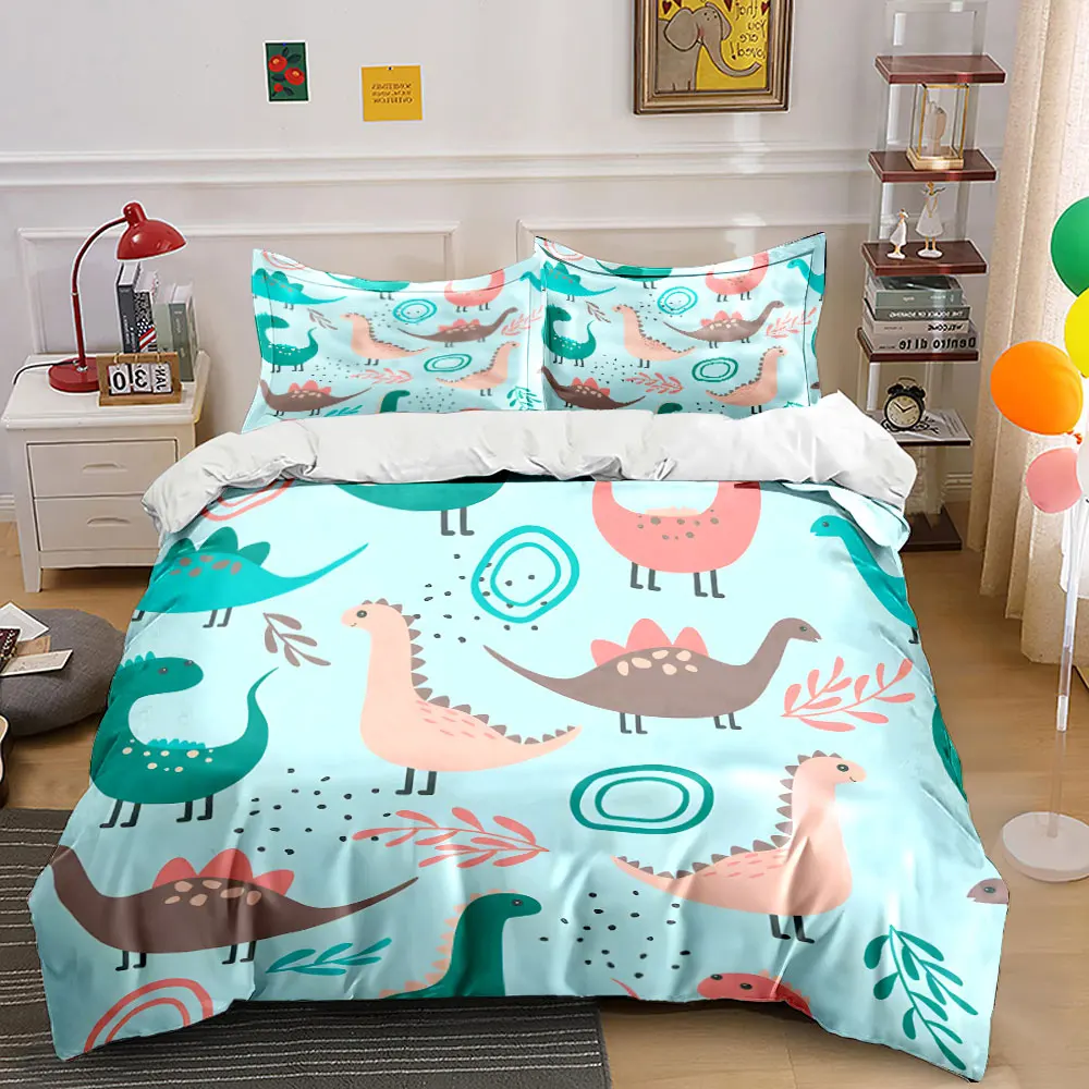 

Cartoon dinosaurs with plant patterns Print Bedding Set 1 Duvet Cover 2 Pillowcases for Adult and Children Luxury Gift Full Size