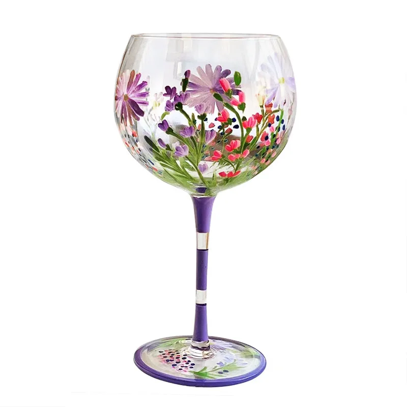 Pink Purple Crystal Glass Hand-Painted Floral Goblet Red Wine Glass Chinese Antique Wine Glass