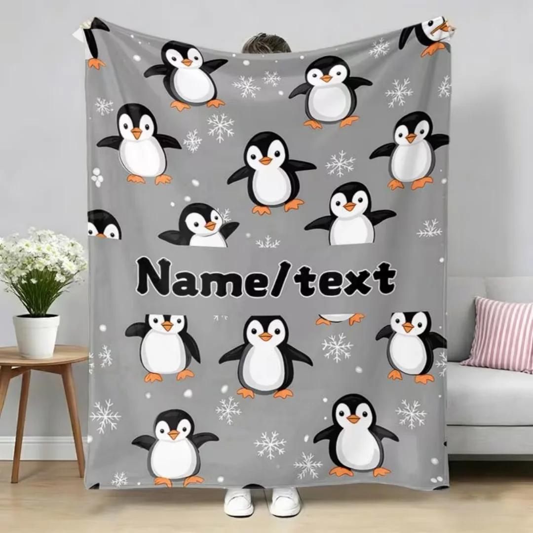 Custom Name Text Penguin Digital Print Portable Flannel Blanket, Lightweight Soft Warm Throw for Sofa Bed Travel Camping Office,