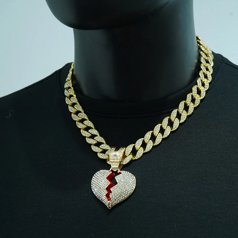 DIY accessories European and American ins fashion wind alloy full diamond couple love pendant necklace men and women hip hop bro