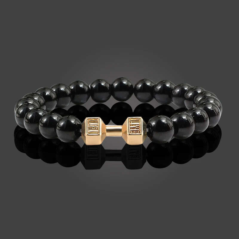 Classic Men Beaded Bracelet Charm Dumbbell Strand Bracelet 8mm Natural Black Lava Stone Energy Fitness Bangle Women Yoga Jewelry