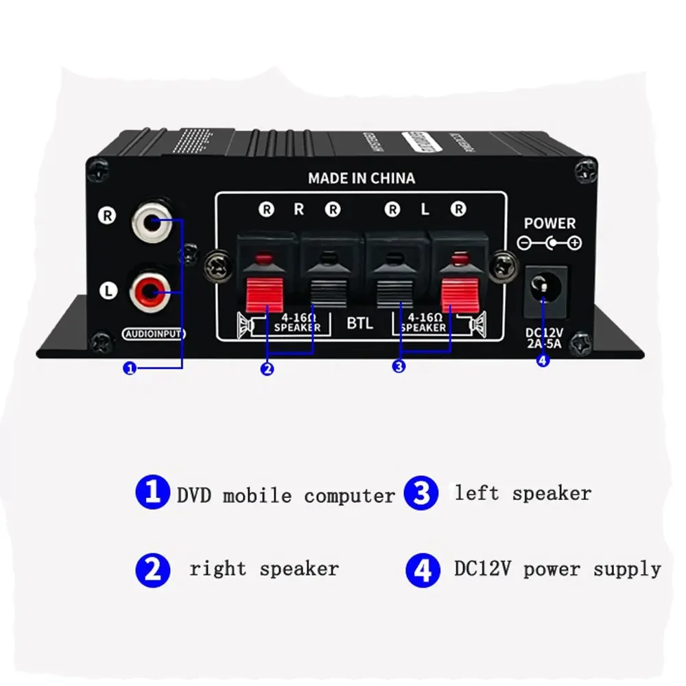 Woopker Amplificatore audio AK270 20W × 2 Mini Hifi Amplificatore audio digitale 12V 3A Canale 2.0 Amplificatore di potenza stereo per auto Karaoke domestico