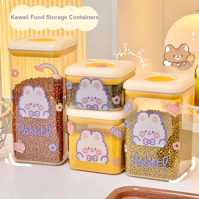 Kawaii Food Storage Containers With Lids Cute Plastic Kitchen Grain Storage Organizer Sealed Jars Fridge Organiser Storage Box