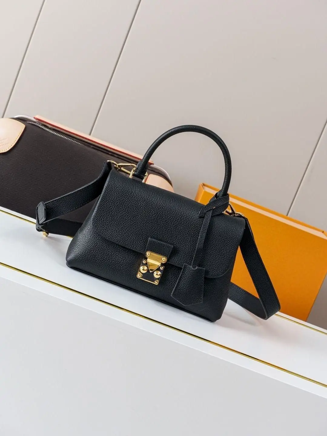 Black Grained Leather Top Handle Bag with Gold Lock, Mini Flap Crossbody Purse, Luxury Designer Inspired Women's Handbag