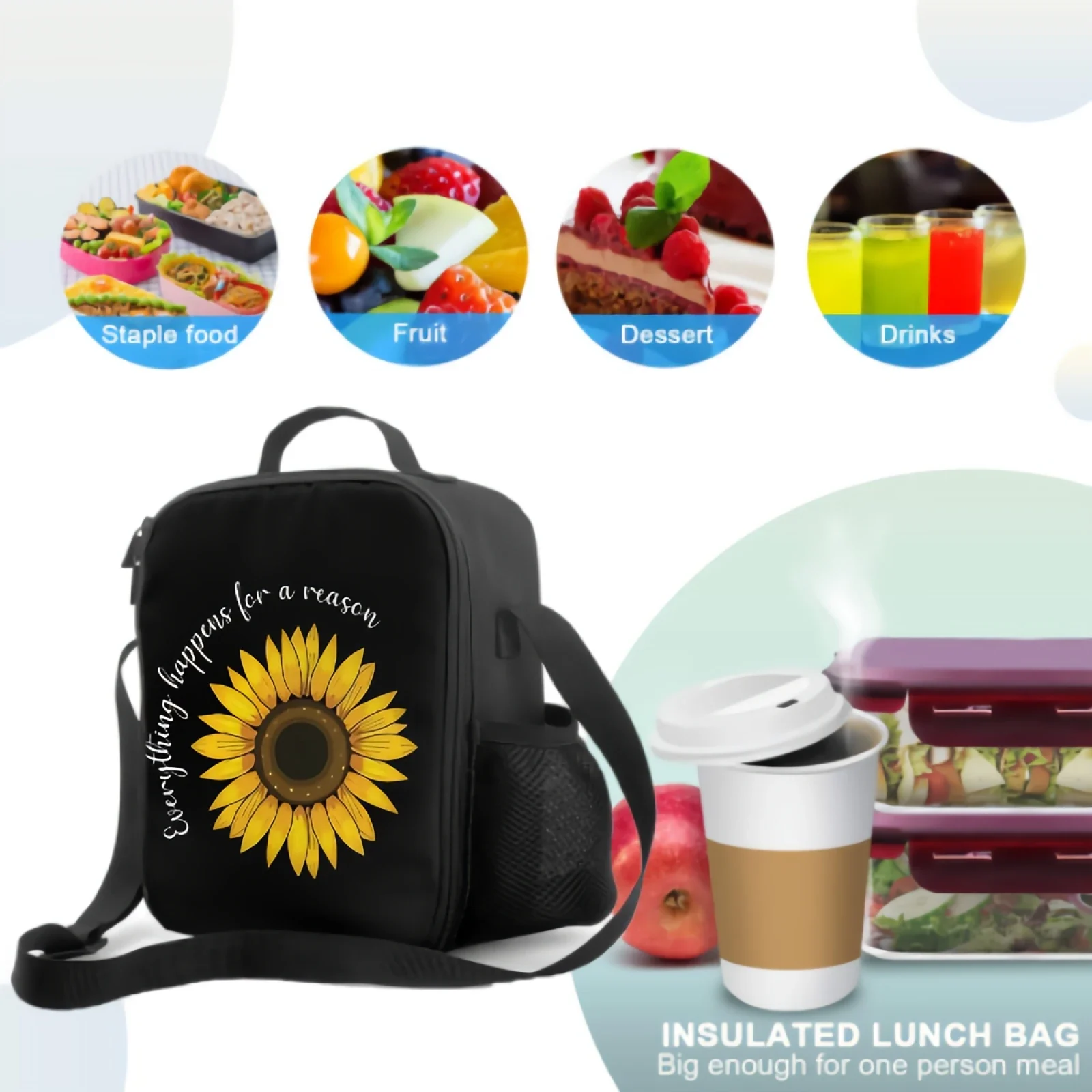 3D Sunflower With Quote Insulated Lunch Box Cooler Bag with Adjustable Shoulder Strap Tote Bag for School Work Picnic Travel