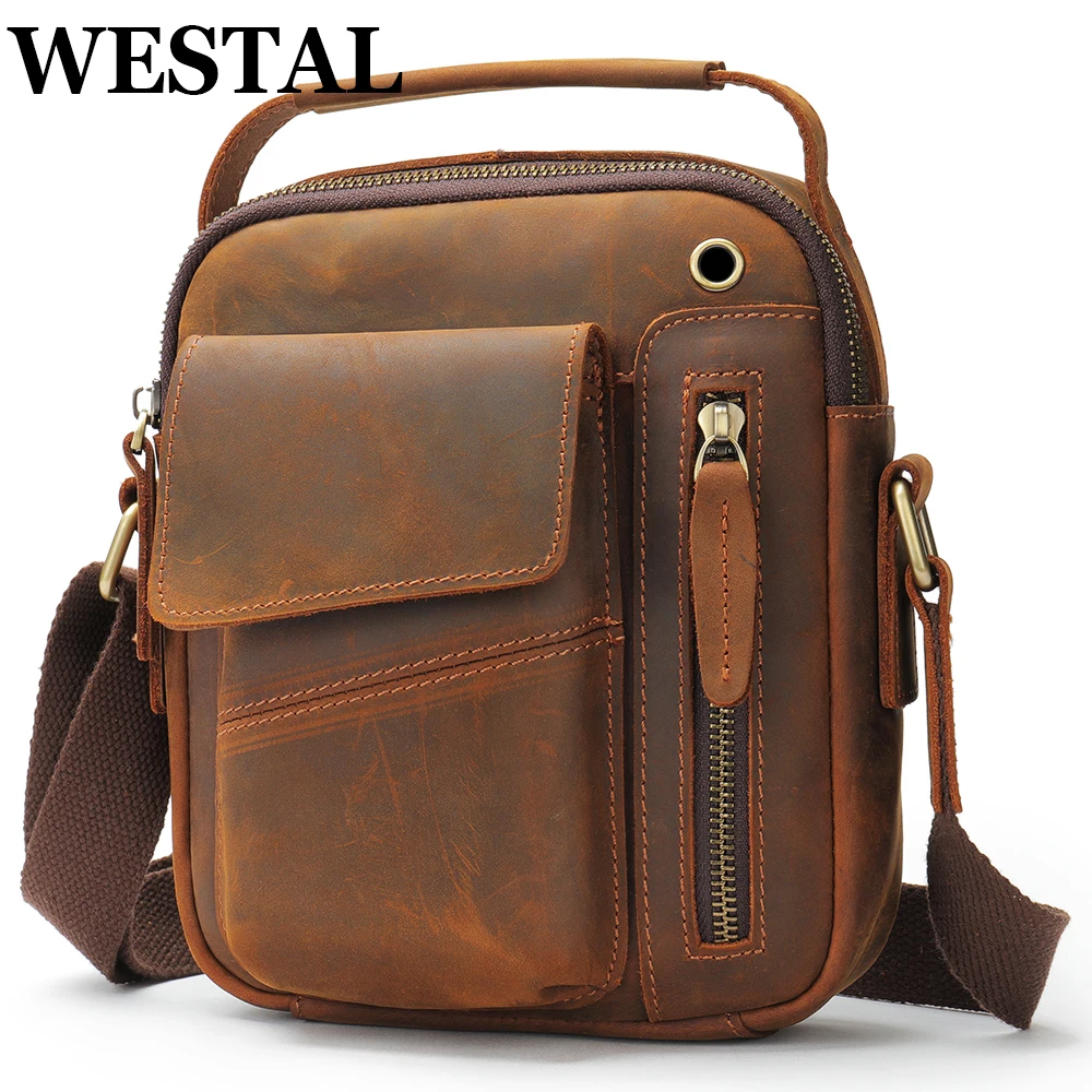 

WESTAL Crazy Horse Leather Men's Shoulder Bag Vintage Handbags Casual Male Messenger Tote Bags Brown Crossbody Bag Travel Ba