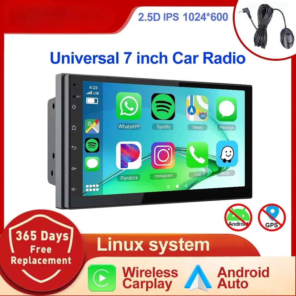 Radio para Auto XIMA Universa de 7 Pulgadas con Sistema Linux, Estéreo, CarPlay Inalámbrico, Android Auto, Multimedia, MP5, Video, 2 DIN, Unidad Principal Universal para Auto