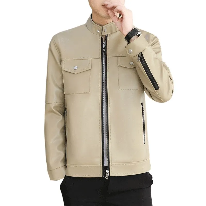 

Slim Fit Leather Jaet Men's Casual Stand Collar Leather Coat Sli Autumn New Korean Version Faionable Youth Outerwear