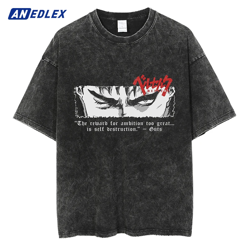 Harajuku Hip Hop Streetwear Anime Berserk Graphic Print T-shirt Men Vintage Black Washed Cotton Tees Tops Oversized Tshirt