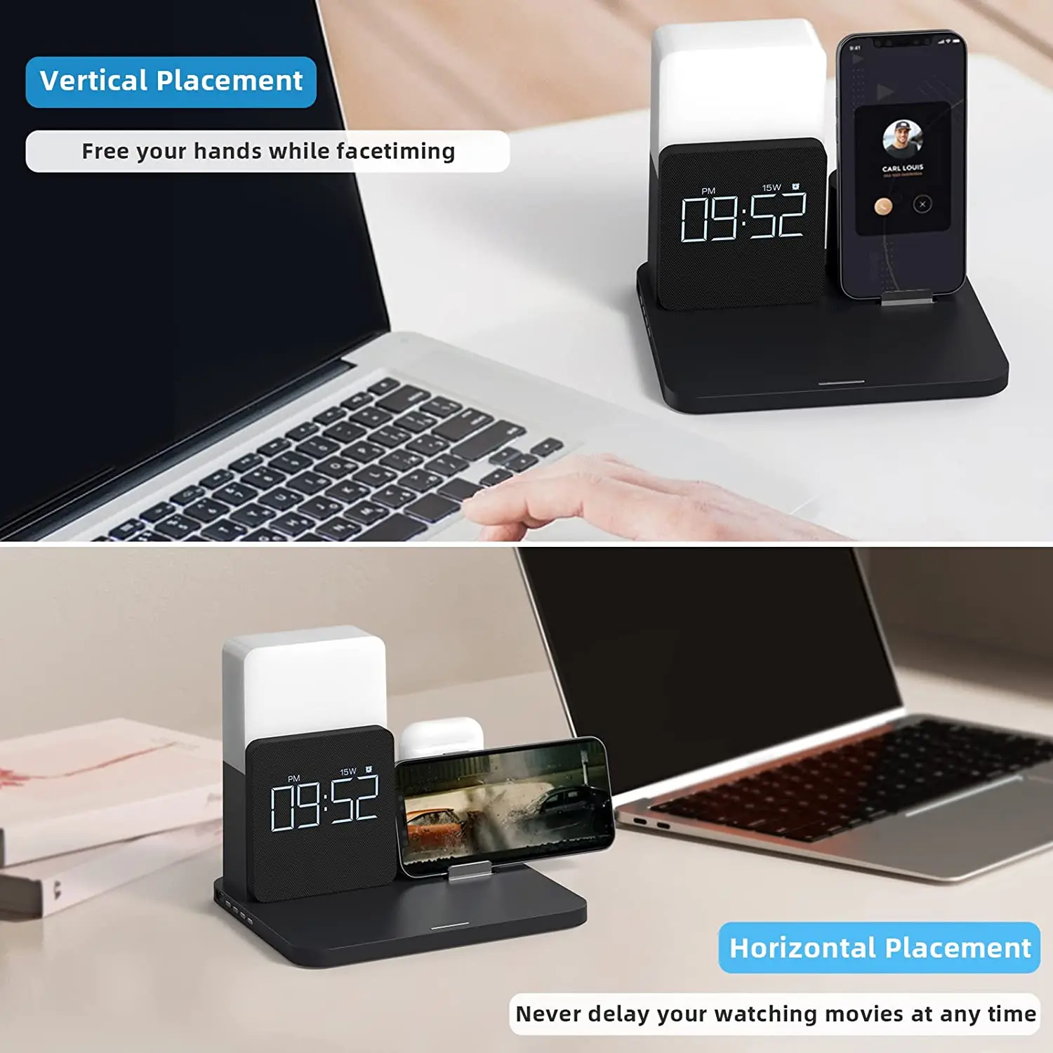 Multi Function Qi Wireless Charger Stand for Apple Watch Airpods Pro iPhone 14 Table Lamp Time Alarm Clock Fast Charger Station