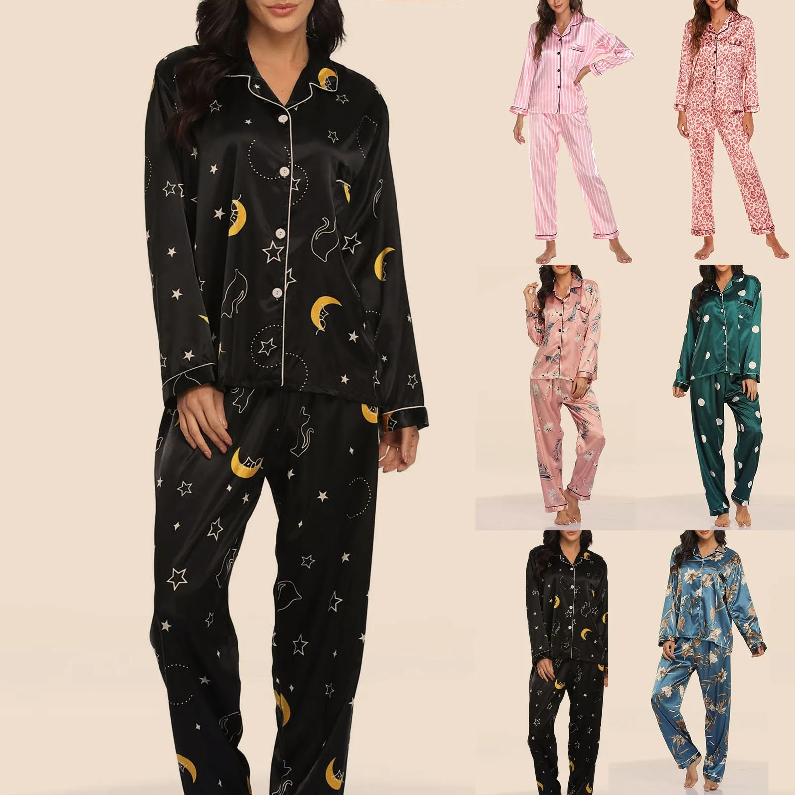 

Women's 2 Piece Pajama Set Spring Autumn Leopard Print Pyjama Halloween Satin Sleepwear Long Sleeve Pijama Mujer Pjs Homewear