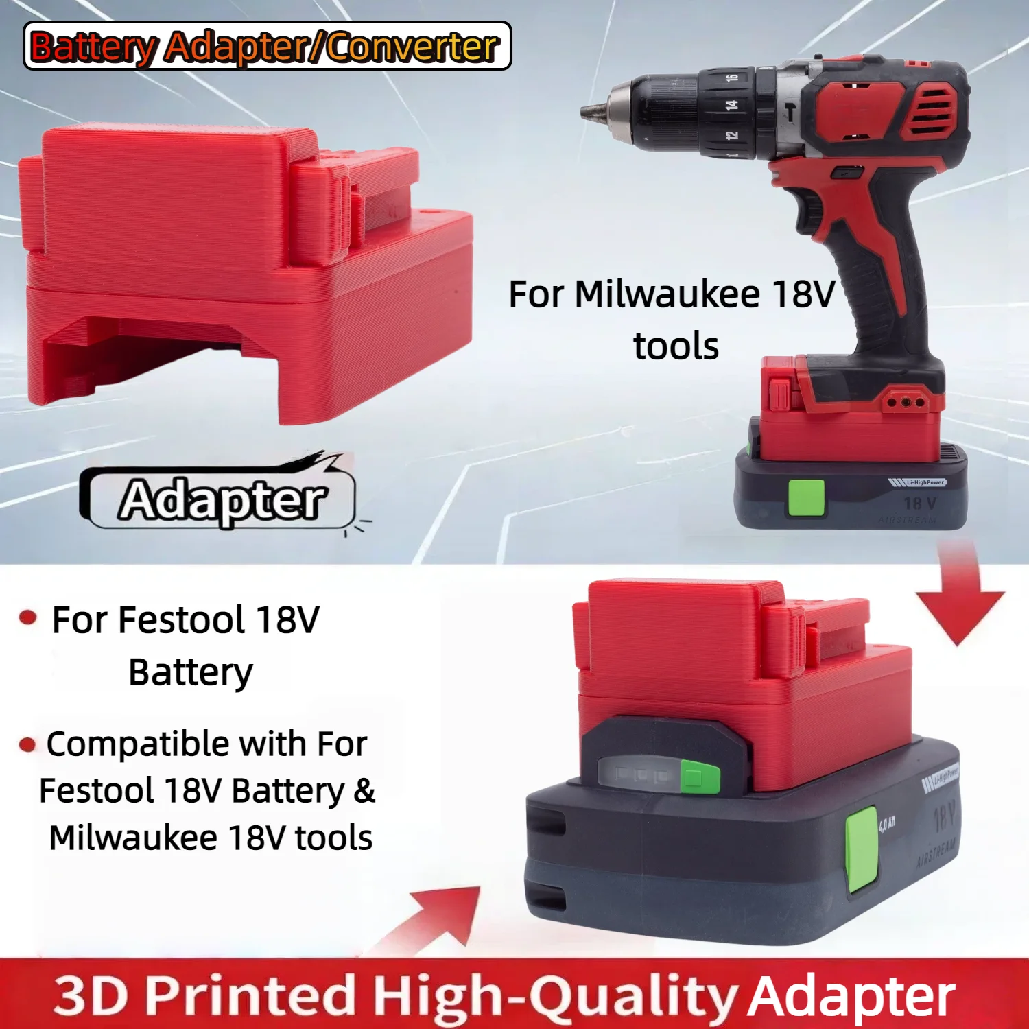 

Адаптер/конвертер для аккумуляторов Festool 18V Series Li-ion для беспроводных инструментов Milwaukee 18V Series (только адаптер)