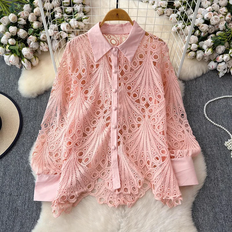 

Hong Kong Chic Temperament White Shirt Women's Autumn And Winter Hollow Out Design High-End Sense Niche Loose Medium Long Style