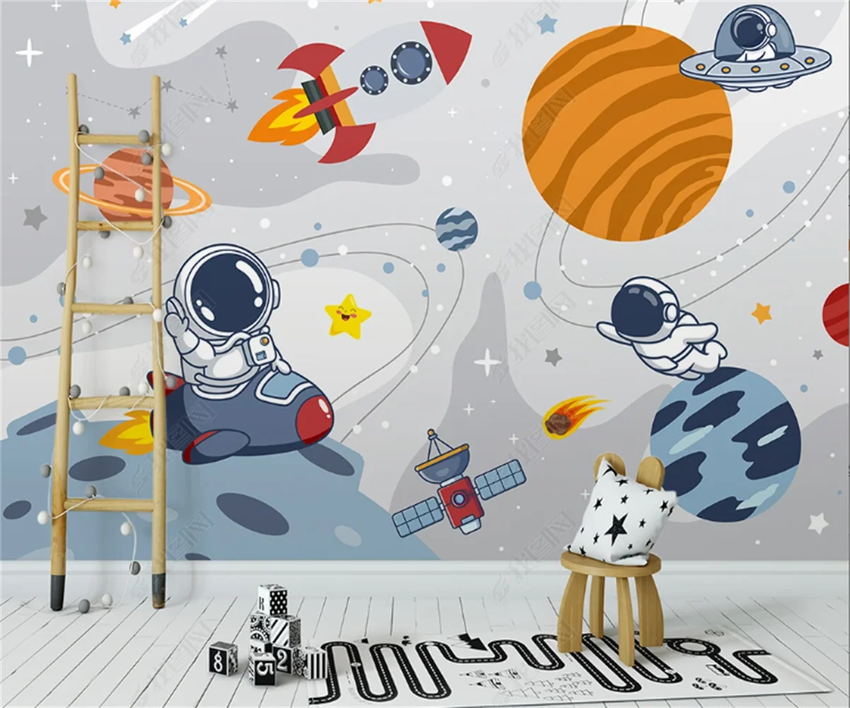 beibehang Customize the latest Nordic hand-painted space planet rocket cartoon dinosaur children's room background wallpaper