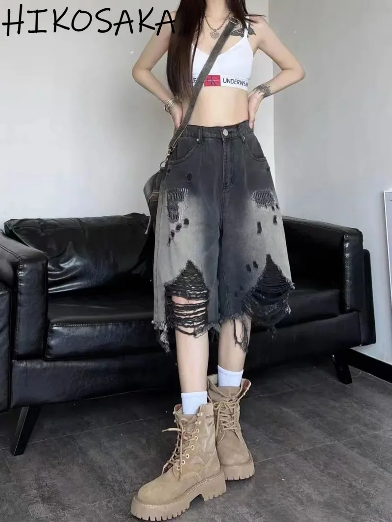 Washed Broken Hole Vintage Baggy Jeans Shorts Women High Waist Straight Loose Wide Leg Half Pants Y2k Punk Cowboy Pantalones