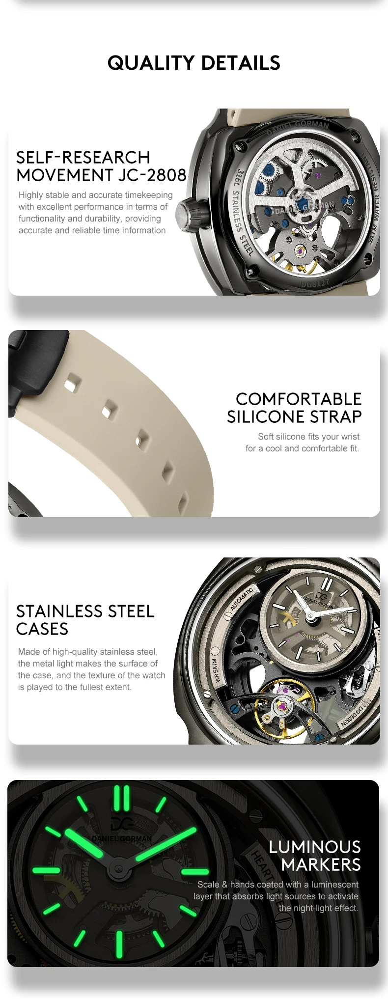 5 ATM الساعات الميكانيكية ساعة أوتوماتيكية دانيال جورمان ساعة رائجة البيع 2026 CA مباراة ساعة هدايا الهالوين عيد الميلاد الجمعة