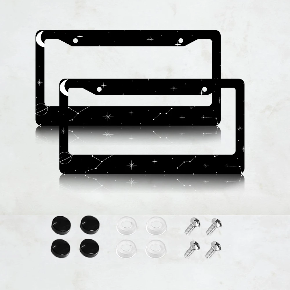 

2 шт. черных рамок для номерных знаков с 2 отверстиями, с дизайном в виде звезд и луны, алюминиевые, 6x12 дюймов, с винтами, стандартный размер США.
