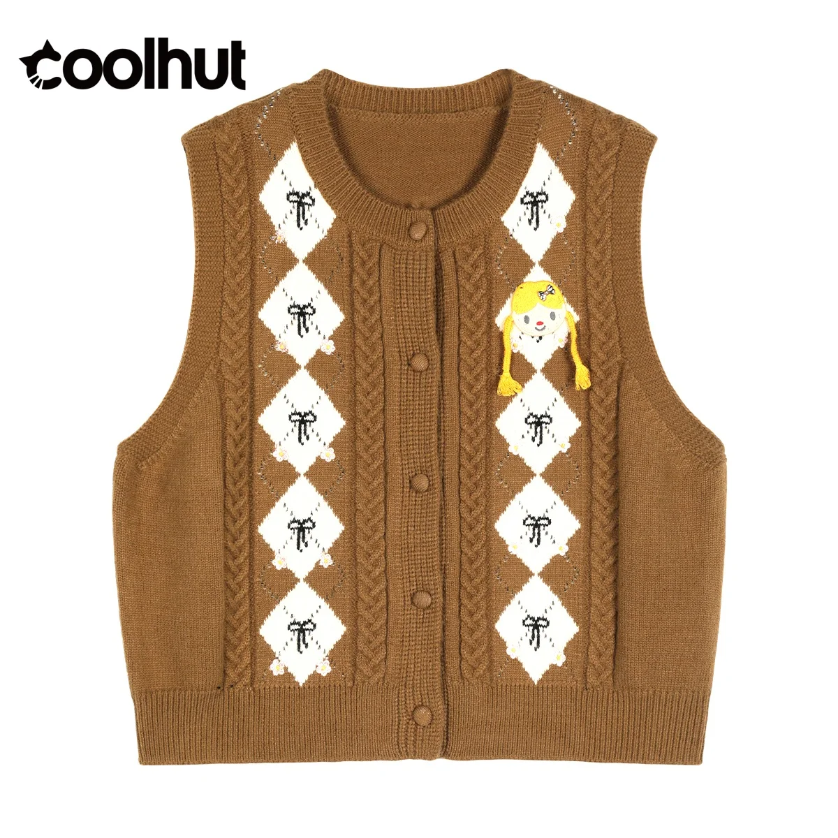 

COOLHUT женский жаккардовый вязаный жилет с бриллиантами 202, американский винтажный дизайн с цветными блоками, круглый вырез, весенний повседневный многослойный топ