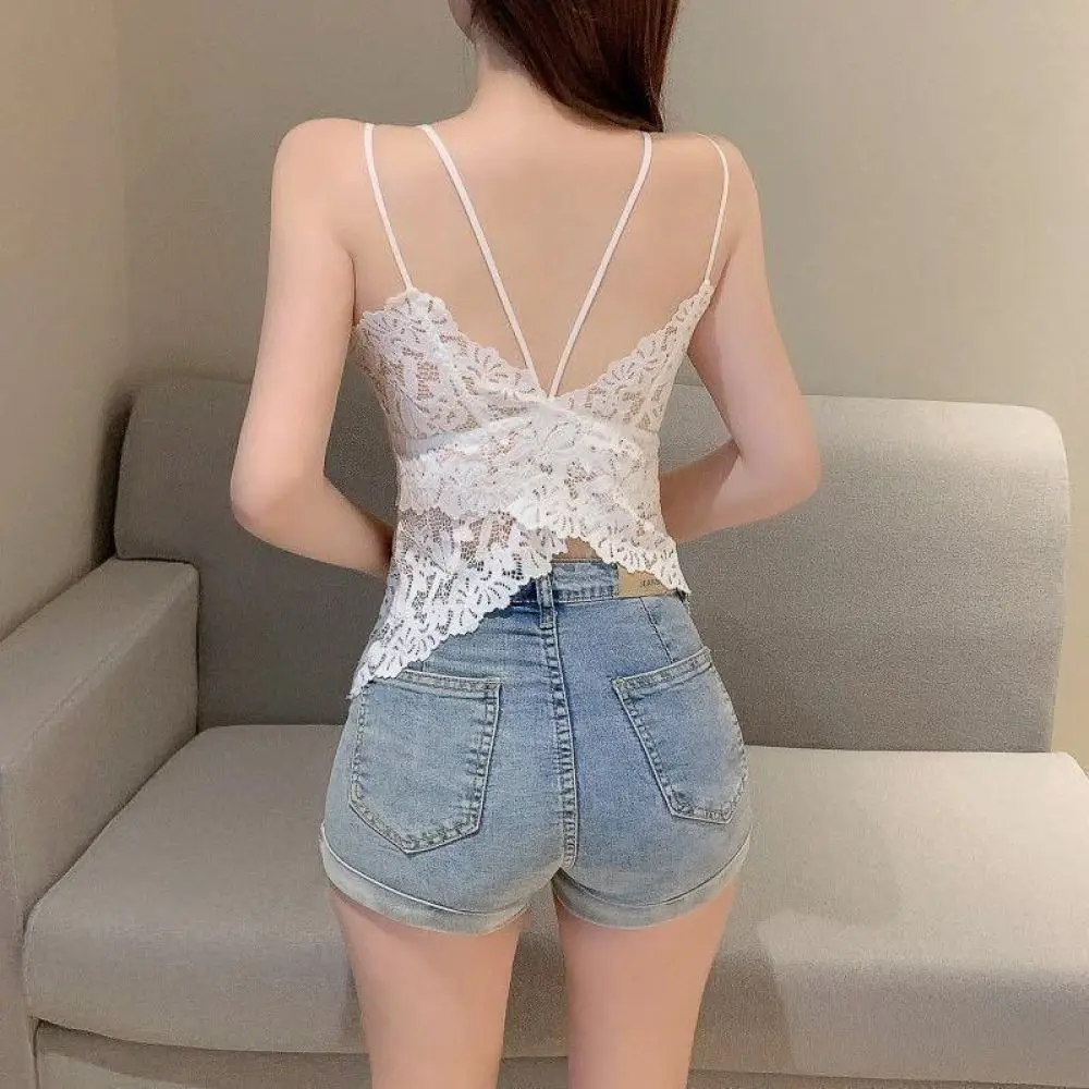 Women Sexy Lace Padded Tank Top Summer Backless Camisole Built In Bra Vest Comfortable Breathable Wireless Underwear Shirt