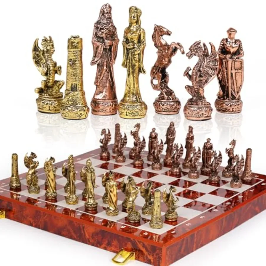 

Vintage figurine metal chess set for adults and kids: 15'' wooden board, antique bronze pieces, elegant collectible travel game