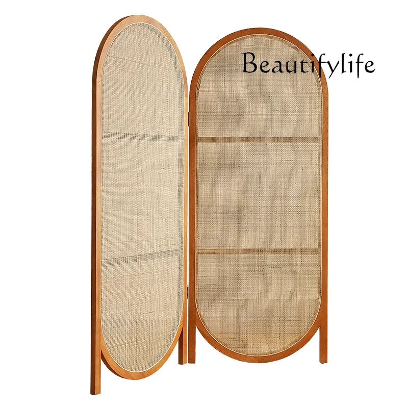 Rattan screen solid wood ins partition simple homestay entrance folding screen