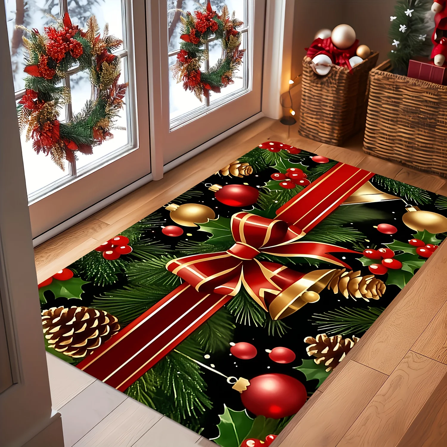 Christmas Wreath Pine Branch Berry Gold Ball Black Background Rug For Festive Doorstep Decor Durable Outdoor Floor Mat